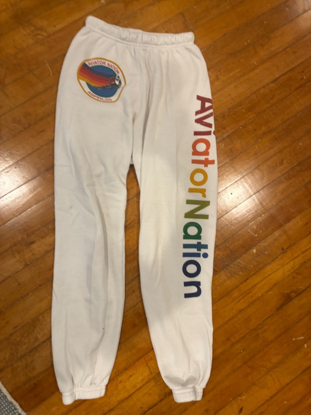 Aviator Nation White Aspen Colorado Sweatpants with Rainbow Logo and Side Script